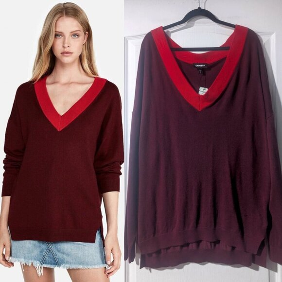 Express | Deep V Contrasting Sweater In Red/Burgundy - Picture 1 of 12